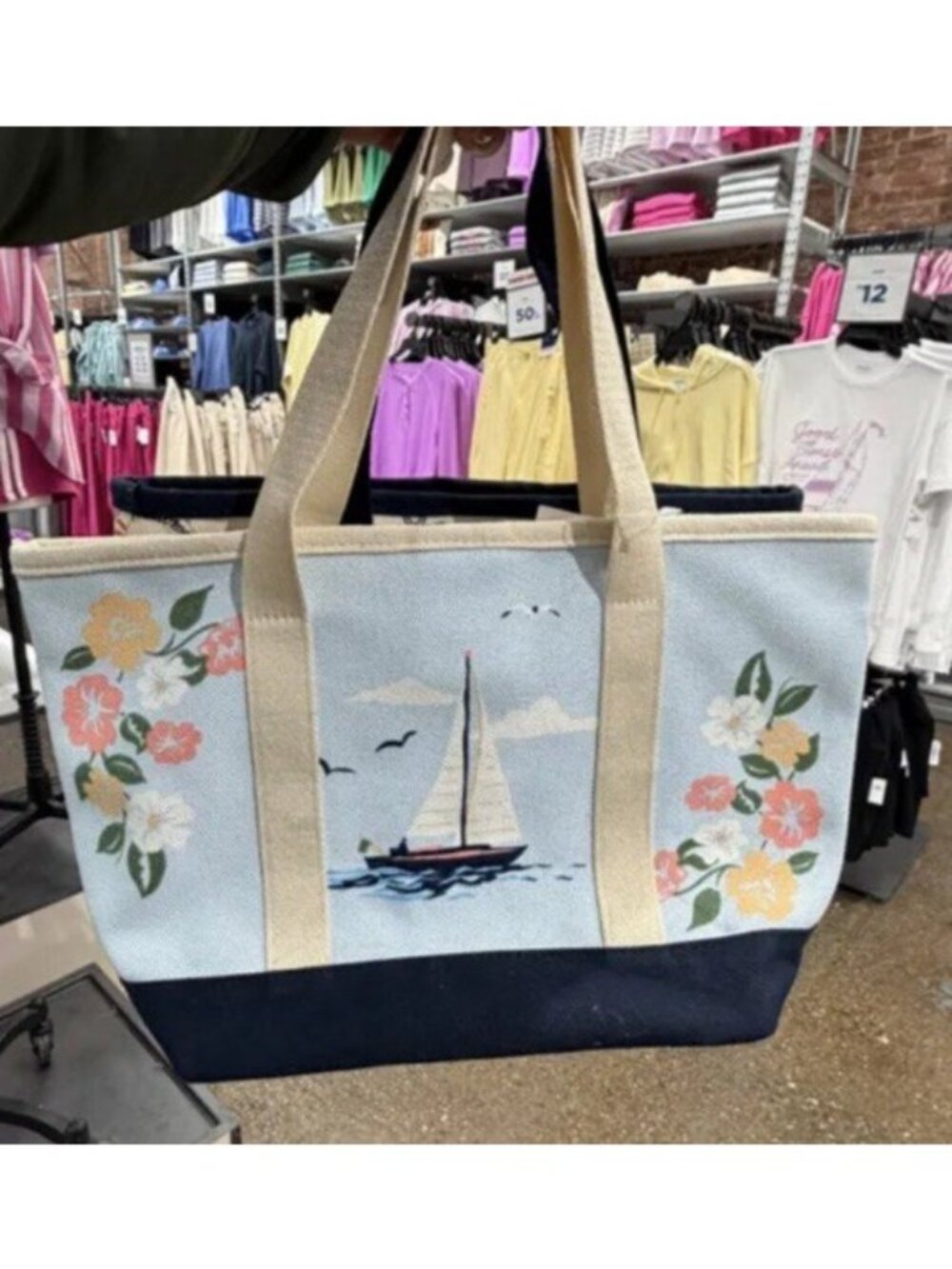 Medium Light Blue Floral Sailboat Beach Tote Bag Hibiscus Flowers Island NWT